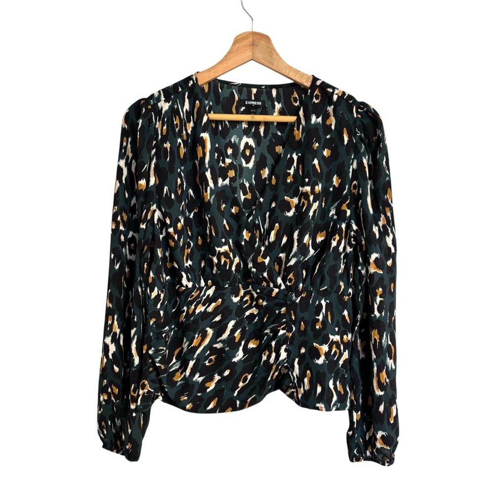Express dark green animal print surplice puff shoulder blouse side zip size L